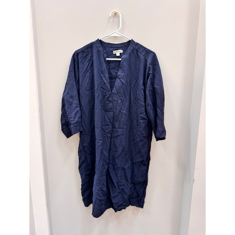 Whistles Navy Blue Midi V-Neck Linen Blend Dress
